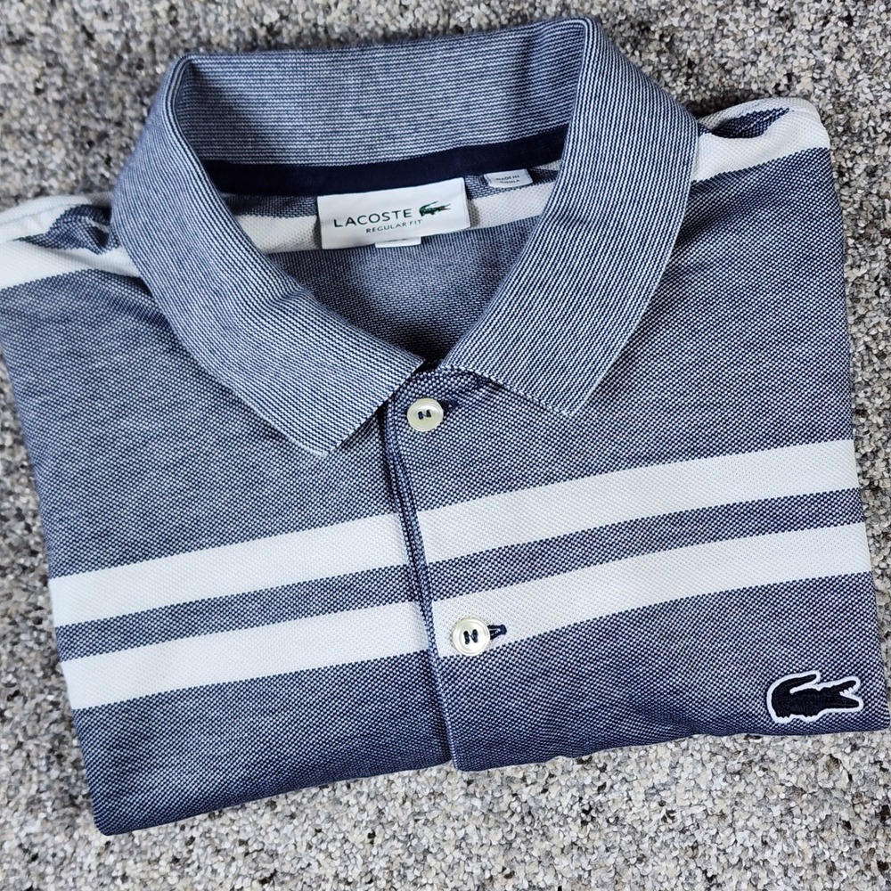 Lacoste Polo Shirt Mens XL Regular Fit Blue White Striped Pique Cotton Excellent